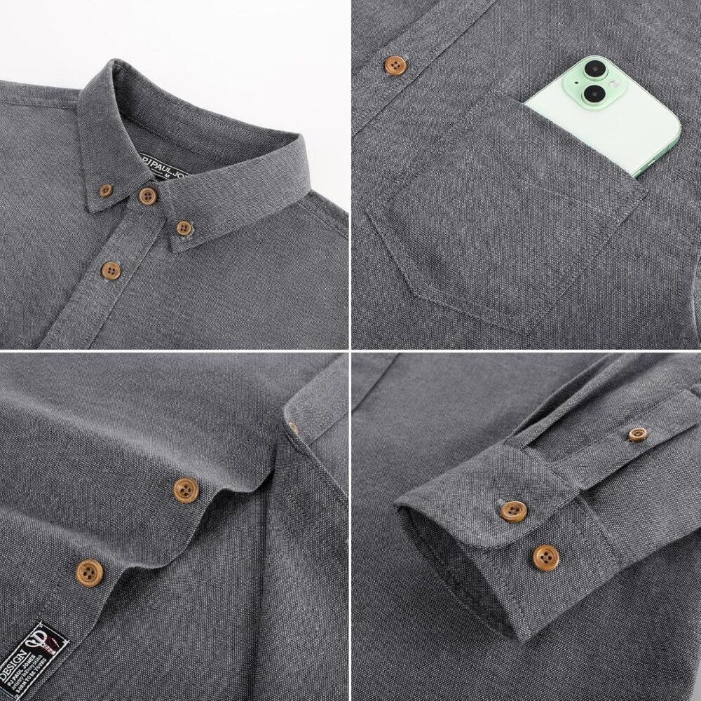 Men's Black Classic Fit Linen Long Sleeve Button Down Casual Shirts - Picture 6 of 6